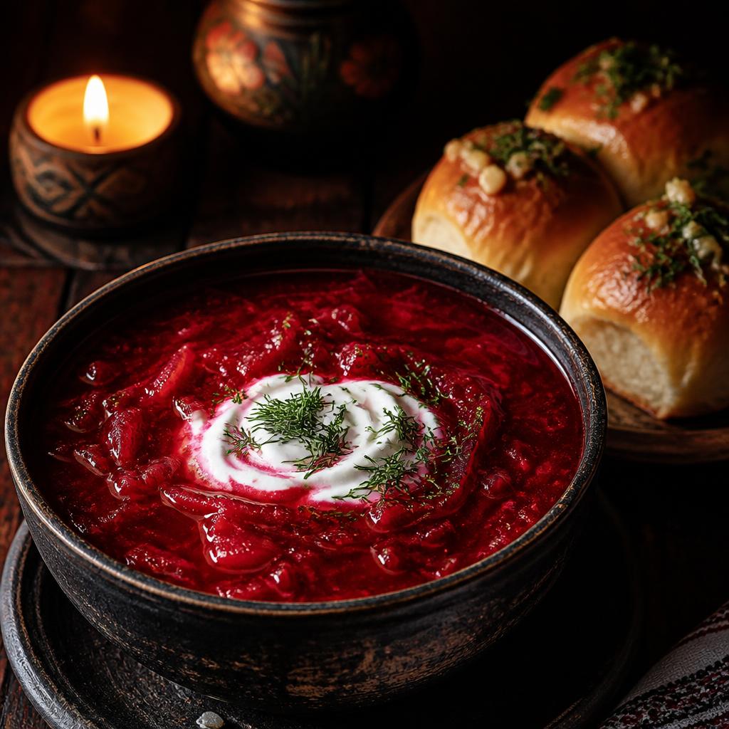 Diep rode borshch met zure room en pampushky
