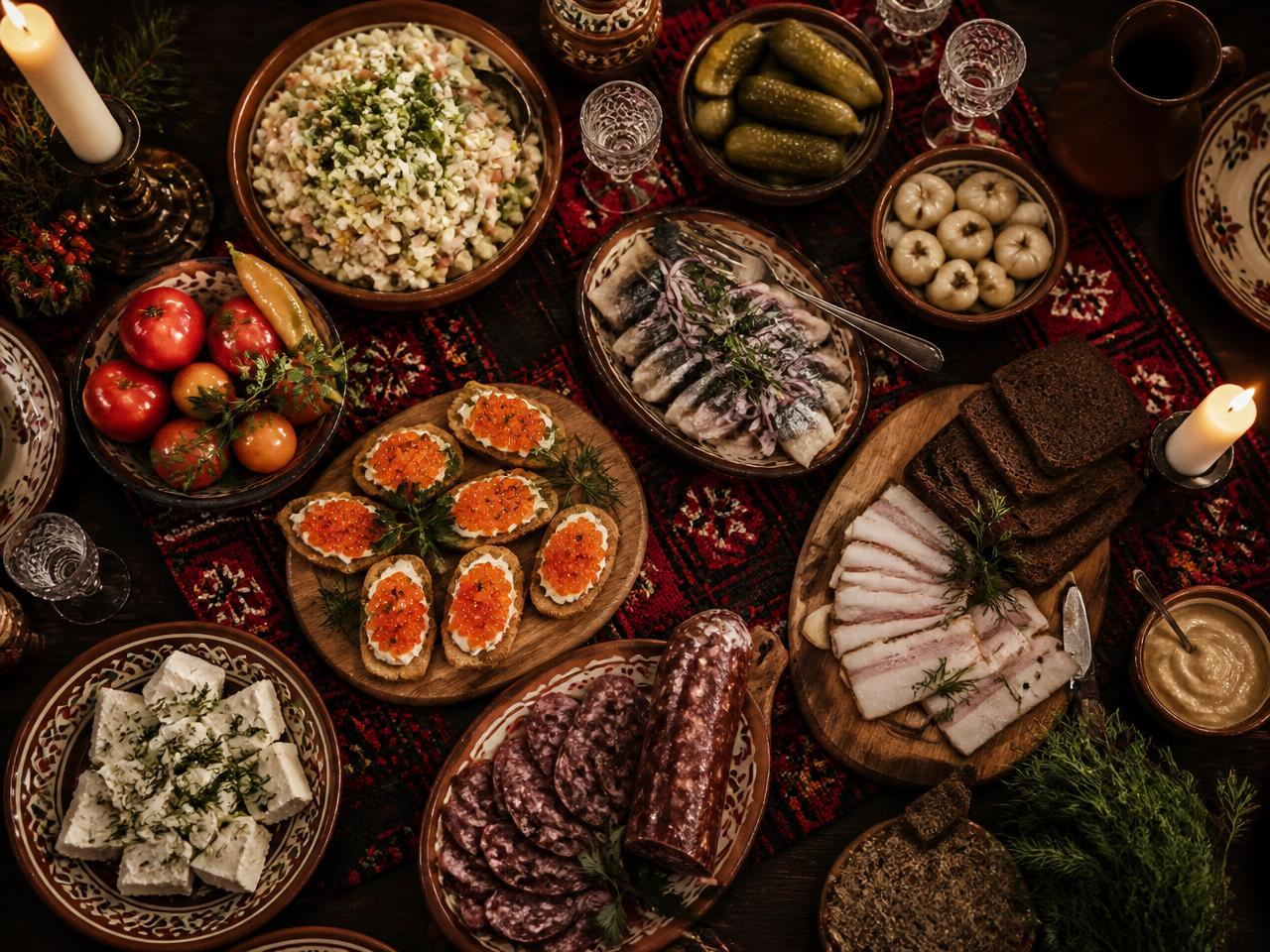 Rijkgevulde Oekraïense feesttafel met zakusky